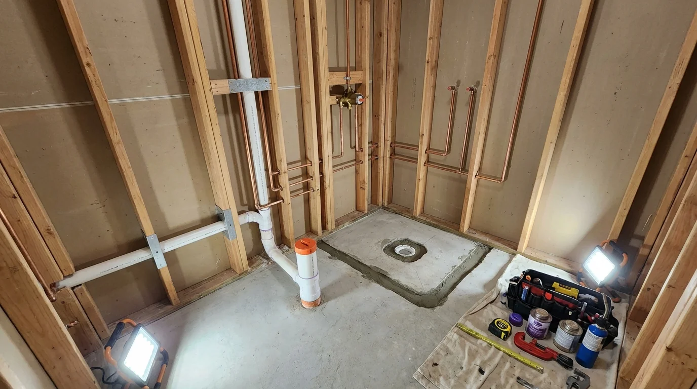 Bathroom rough-in plumbing during remodel by Johns Plumbing LLC in Centerburg