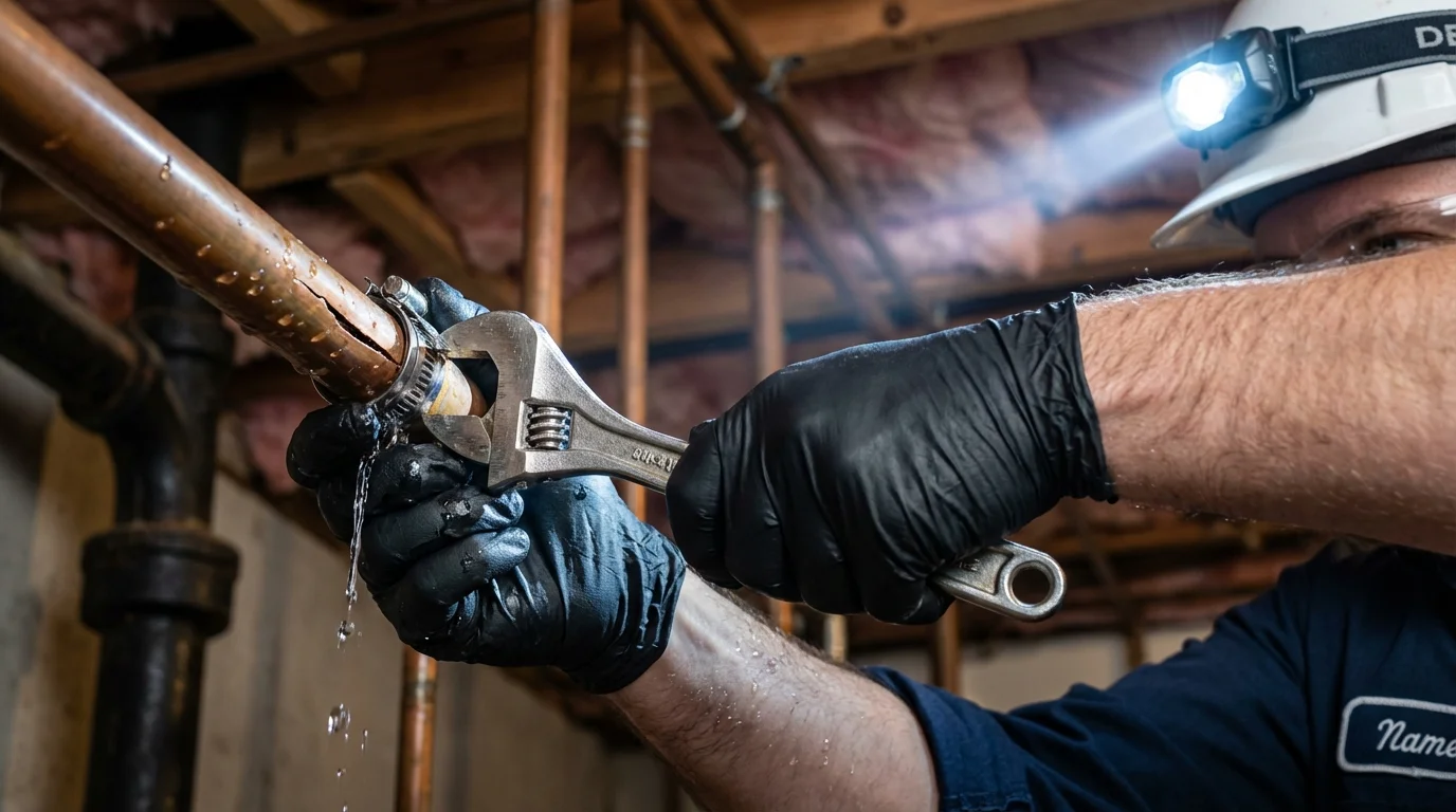 Emergency pipe clamp repair being performed by a Johns Plumbing LLC plumber in Centerburg