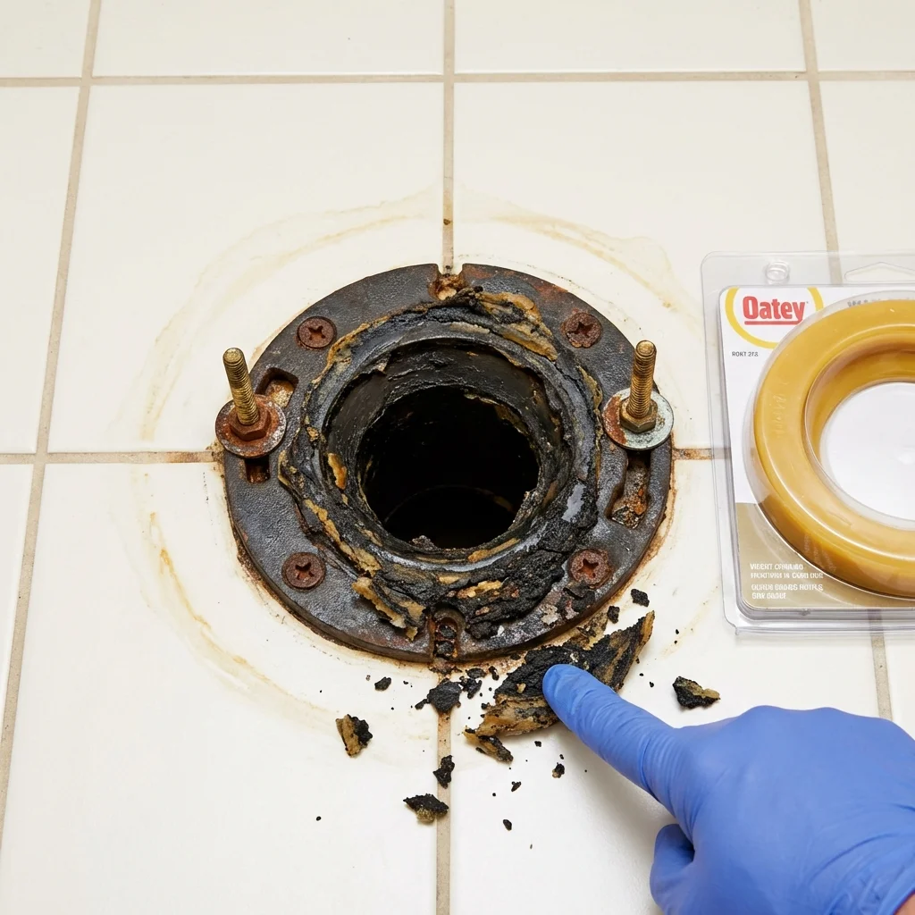 Failed wax ring showing water seepage at the base of a toilet in a Centerburg, OH home