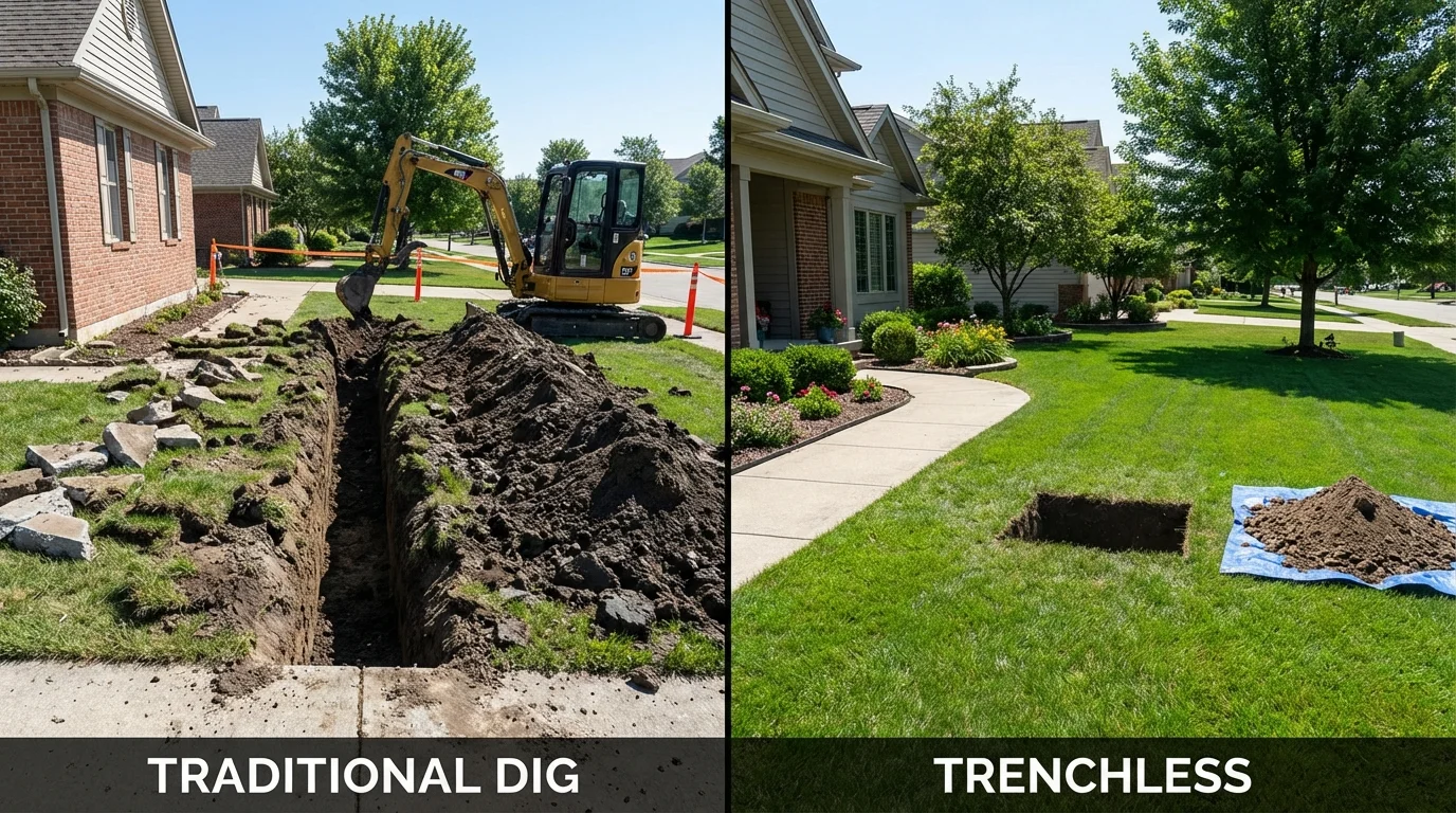 Trenchless sewer repair with minimal yard damage versus traditional excavation in Centerburg, OH