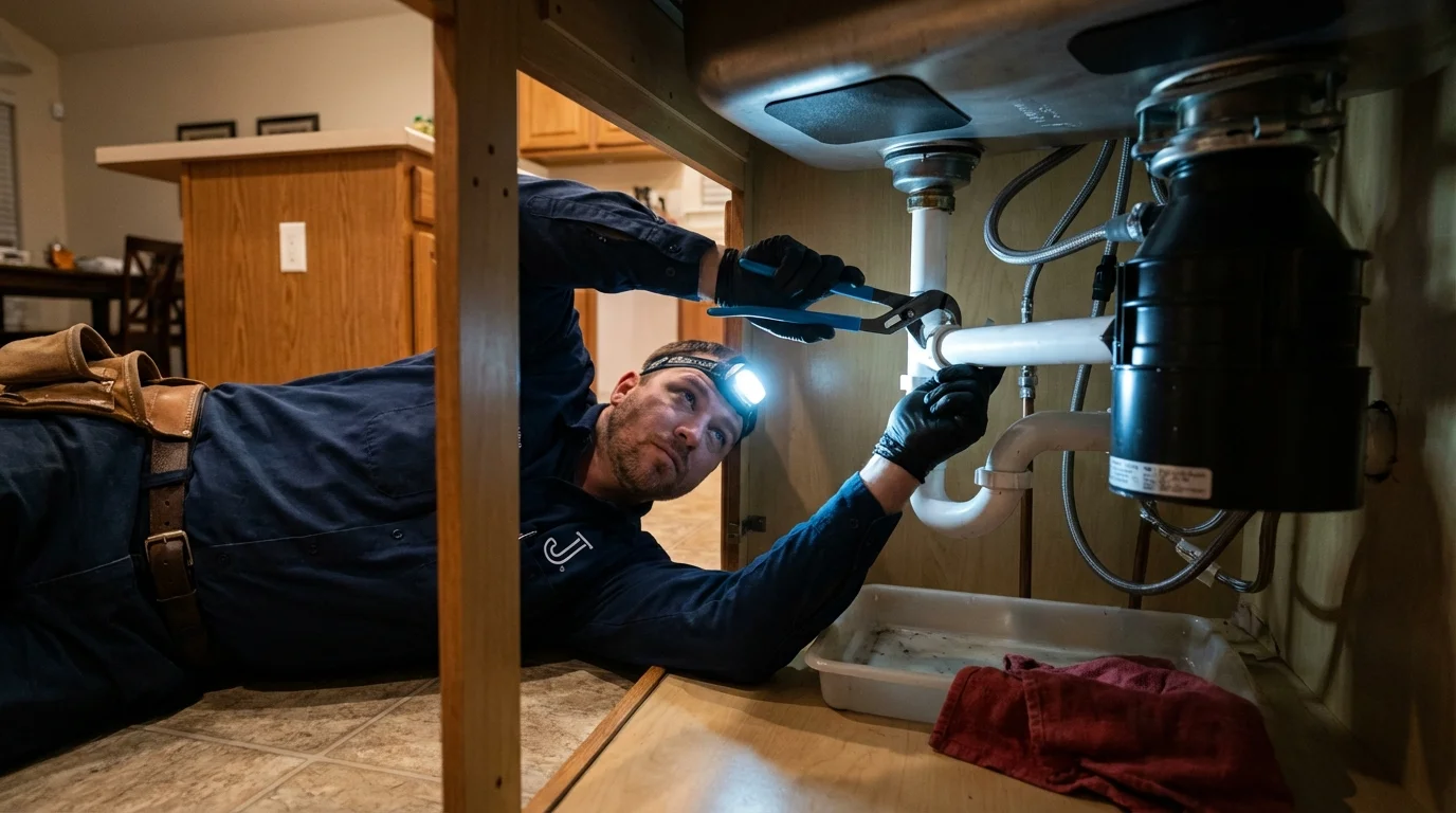 P-trap and supply line connections under a kitchen sink showing a common leak point in Centerburg, OH